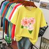 Футболки женские кавайные из хлопка с принтом «Три свежих цветка цветут» Футболки с круглым вырезом Мягкие свободные женские футболки с коротким рукавом