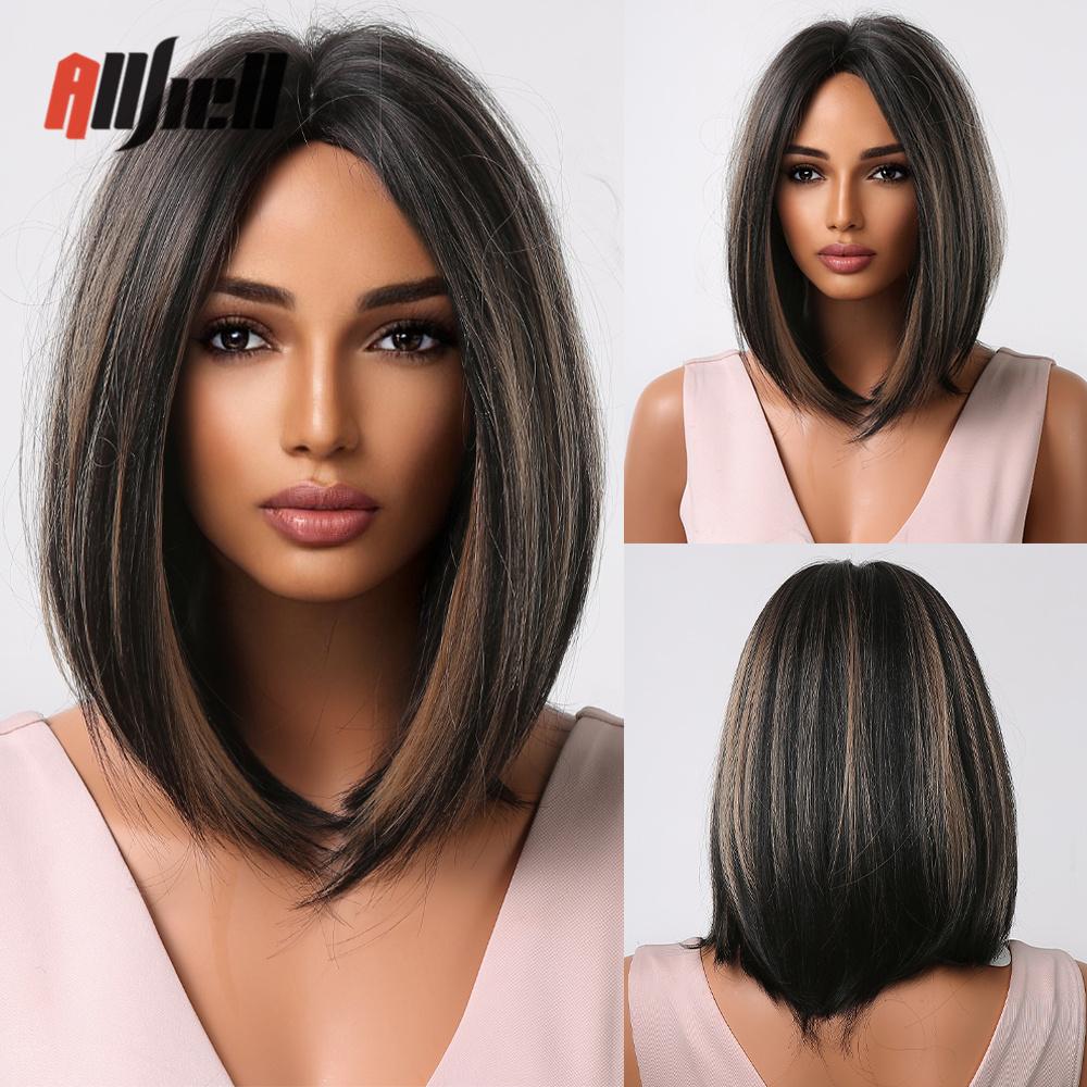 Synthetic Bob Hair Wig with Bangs Ombre Platinum Blonde Cosplay Wigs for Women Short Heat Resistant Female Daily Lolita Wavy Wig