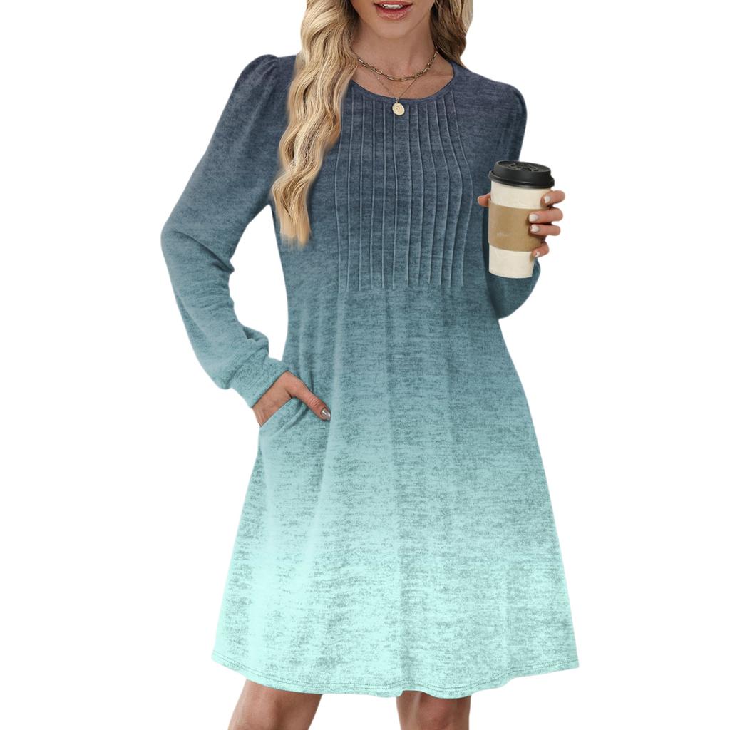 Женское повседневное платье с длинным рукавом, плиссировкой, круглым вырезом, градиентным принтом и карманами