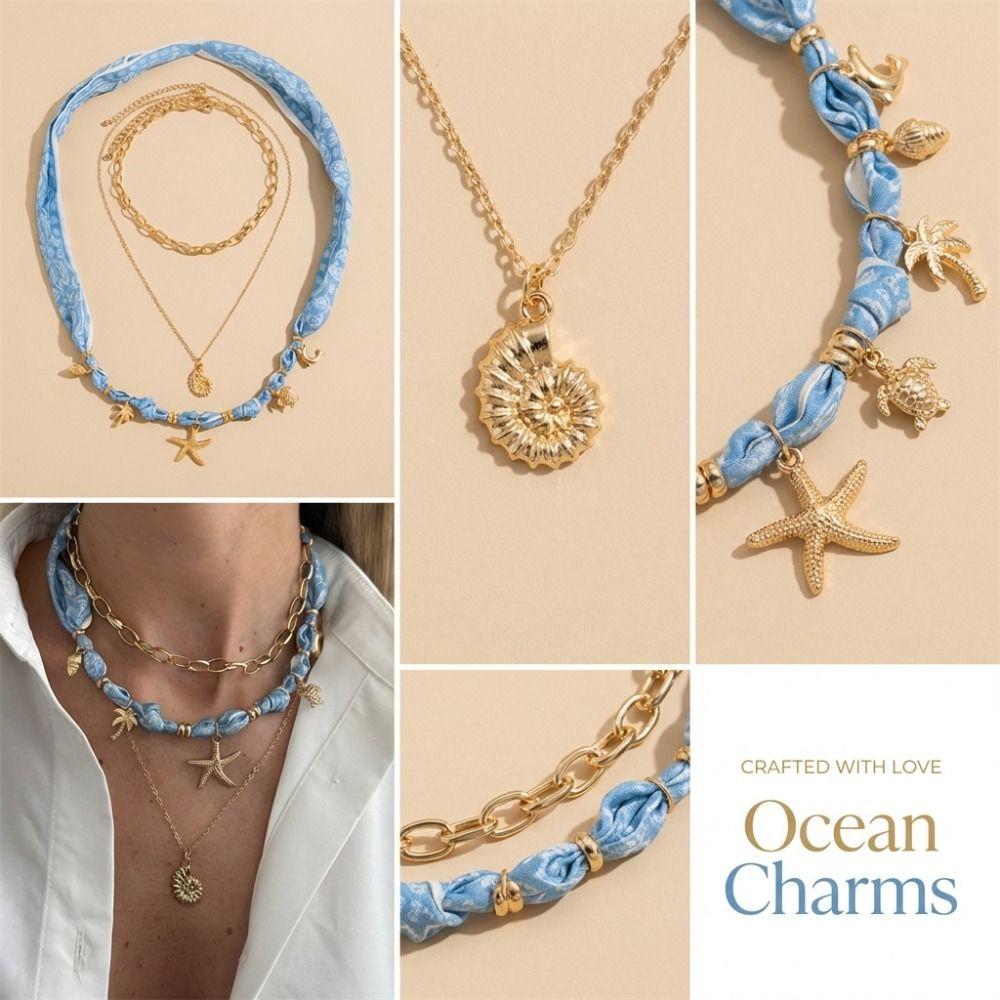 Sea Star Conch Starfish Necklace Seashell Bohemian Style Necklace Creative Scarf Necklace  Summer