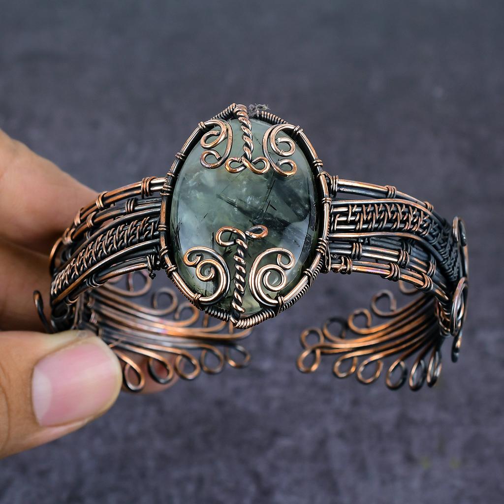 Браслет-манжета из медной проволоки с драгоценным камнем пренит, регулируемый, ручной работы i6Z56