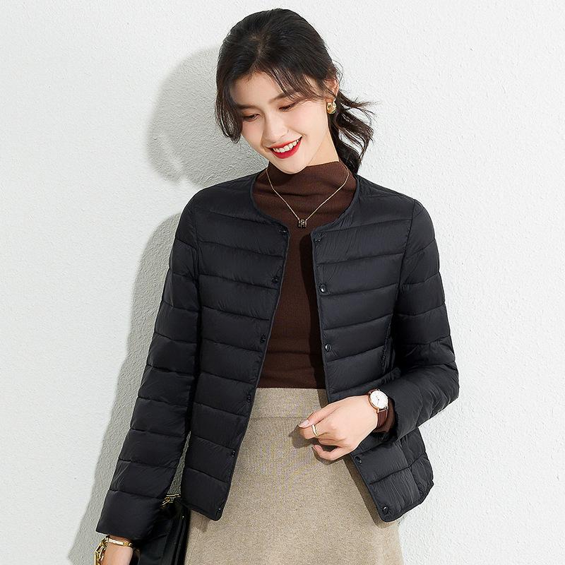 Lightweight Cotton Jacket Female. 2022 Autumn and Winter New Item, Warm Inner Liner, Solid Color, Round V-neck, Coat Base, Short Down Cotton Jacket