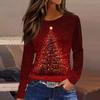 Женская модная повседневная футболка с разрезом по низу, круглым вырезом, длинными рукавами, свободного кроя, с рождественским принтом, женский топ