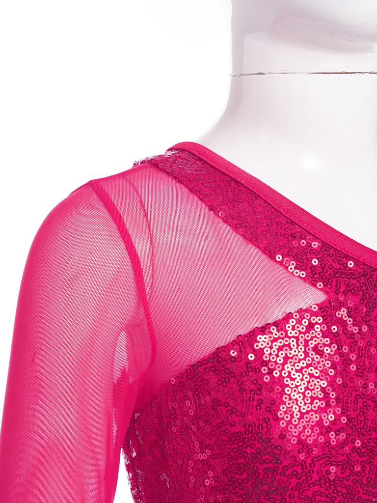 Детский танцевальный топ с блестками для девочек, прозрачный сетчатый укороченный топ с длинными рукавами и молнией на одно плечо для выступлений на сцене, соревнований