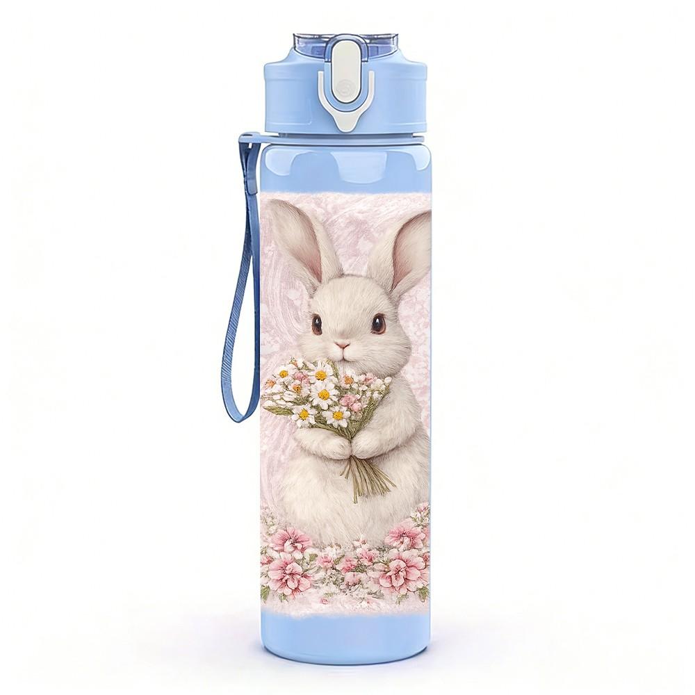 1PC Bunny Holding Pink Flower Print 750ml Color Plastic Sports Water Bottle Leakproof Flip Straw Lid Suitable for Sports Office Home Use