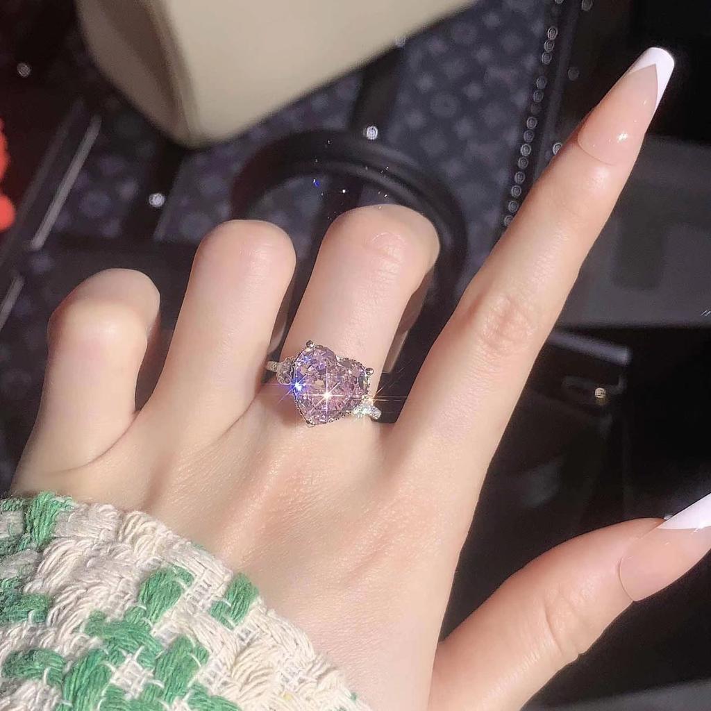 Кольцо с розовым бриллиантом в форме сердца, легкое, роскошное, с высоким содержанием углерода, с бриллиантом, женское, с любовью, ледяной цветок, ограненная поверхность, улучшенное чувство, ниша, холодный ветер