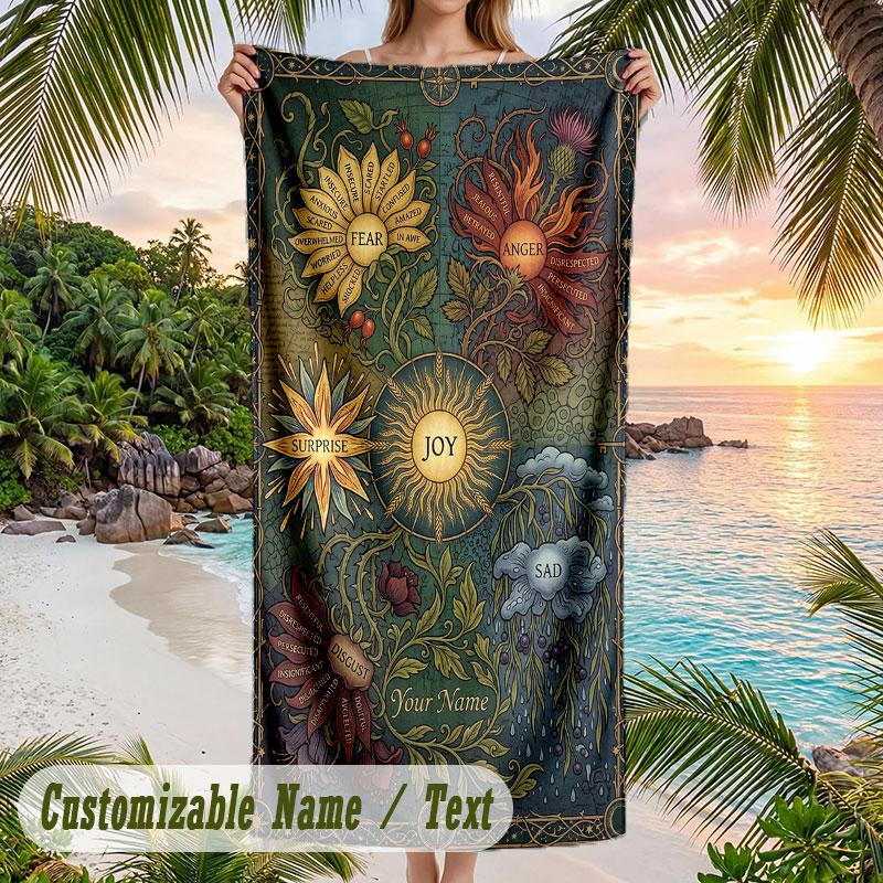 Flower Power Groovy Art Theme Quick Dry Beach Towel Custom Name Text Print Large Sand Resistant Towel Beach Vacation
