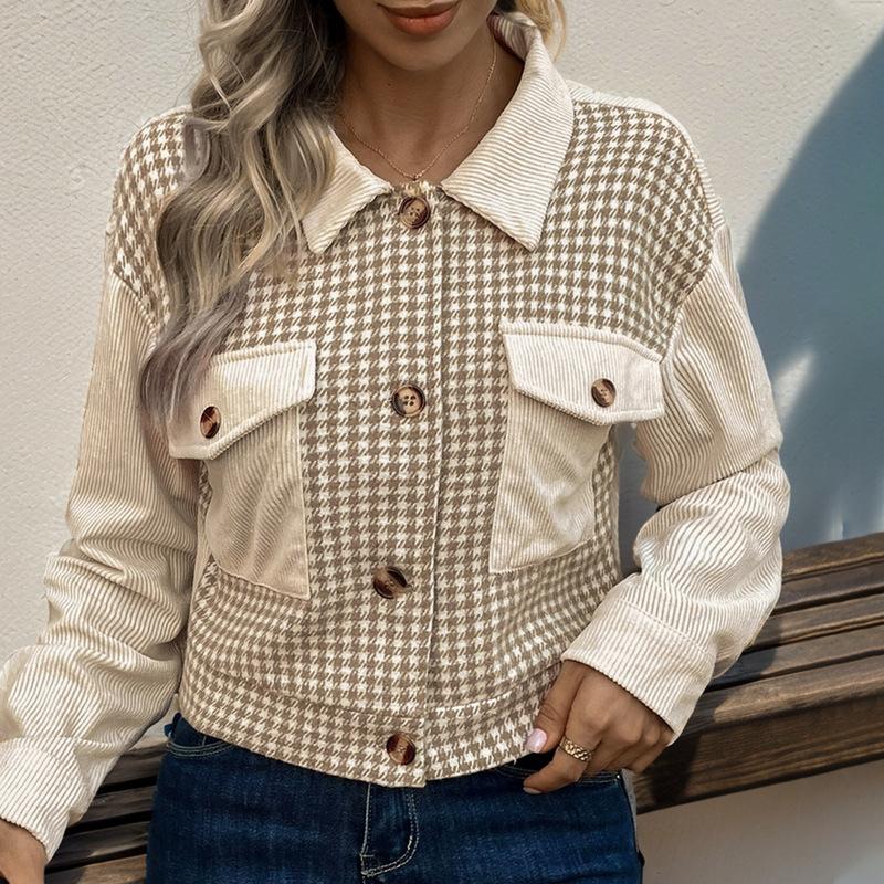 Куртка кардиган короткий вельвет мода универсальный красивый сращивание начесаный птичий глаз клетчатый жакет женский