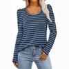 Осенняя женская футболка с длинными рукавами и круглым вырезом, повседневная полосатая нижняя рубашка