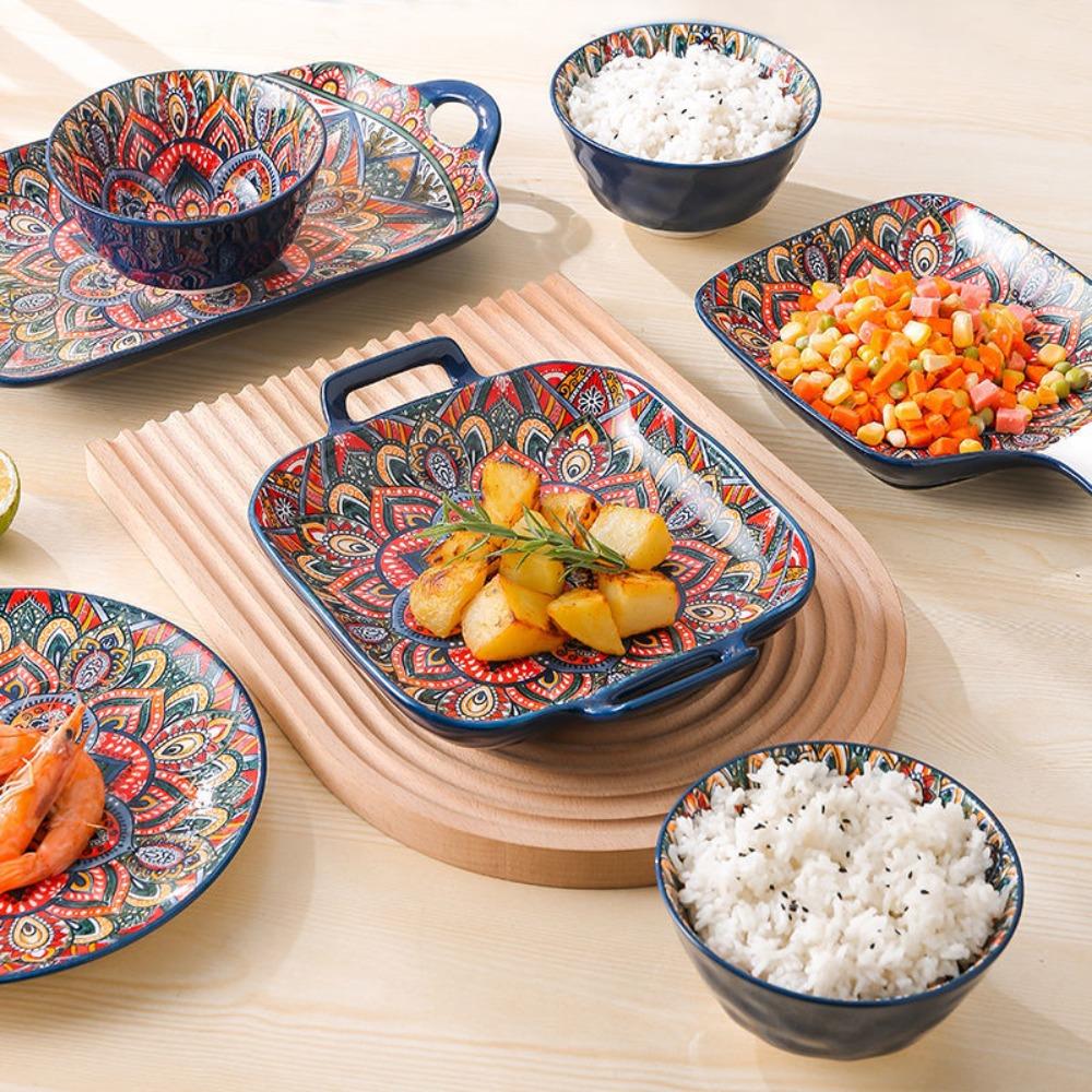 Квадратная богемская керамическая тарелка с бинауральной ручкой, фруктовая тарелка, креативная салатница для духовки