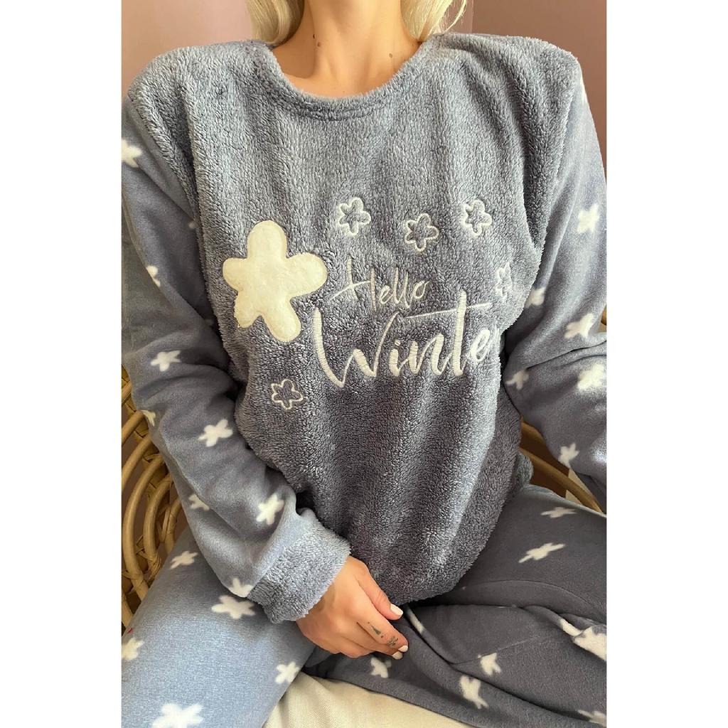 Фиолетовый женский плюшевый пижамный комплект с рисунком Hello Winter