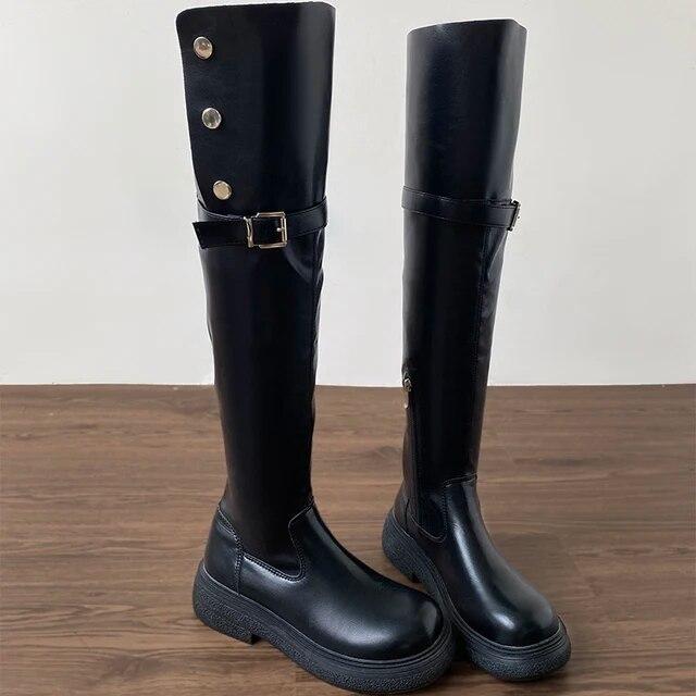 Зимние женские сапоги выше колена, модные женские элегантные ботильоны без шнуровки на низком каблуке, длинные ботильоны с пряжкой на ремне, женские рыцарские ботильоны