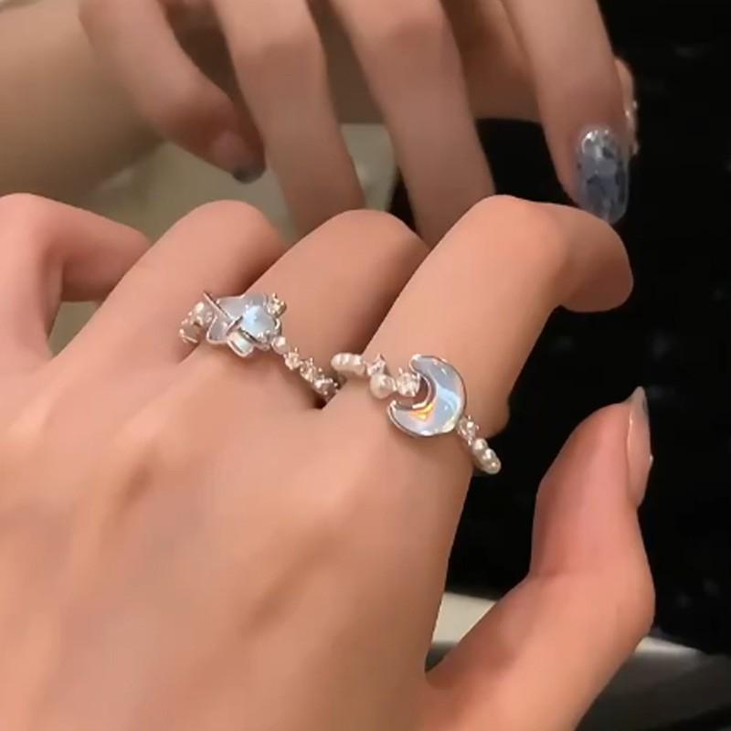 2025 Кольцо с регулируемым нишевым дизайном «Ледниковый синий звезда луна» для женщин
