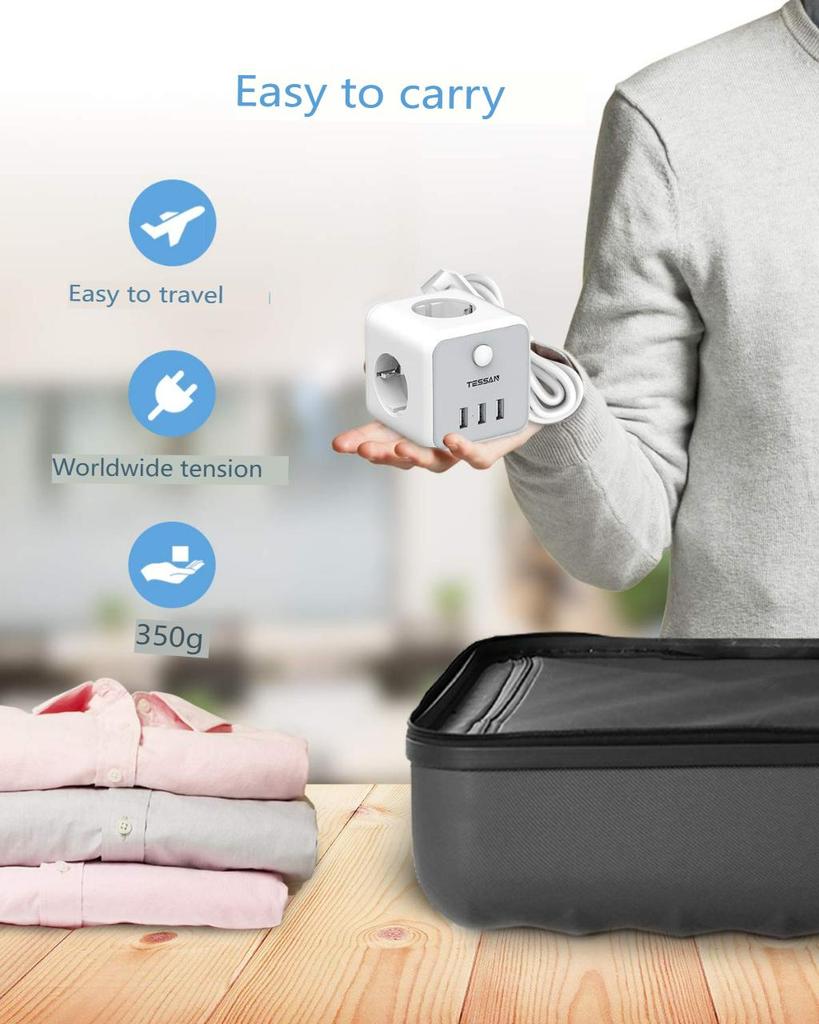 Tessan Power Strip European Multi Plug Cube Socket with Switch 6 Outlets 3 USB Charging Ports 2M Extension Cable for Home