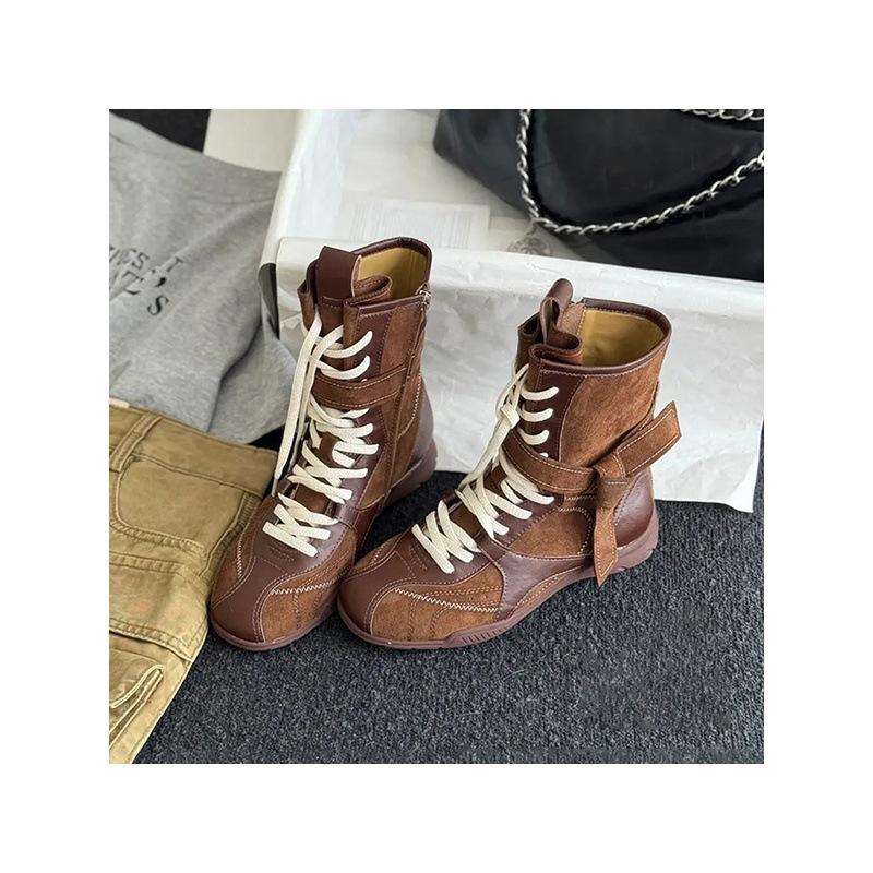 Vintage Versatile Frosted Leather Boxing Boots Women's Straps Side Zipper Outer Wear Mountaineering Dexun Martin Boots