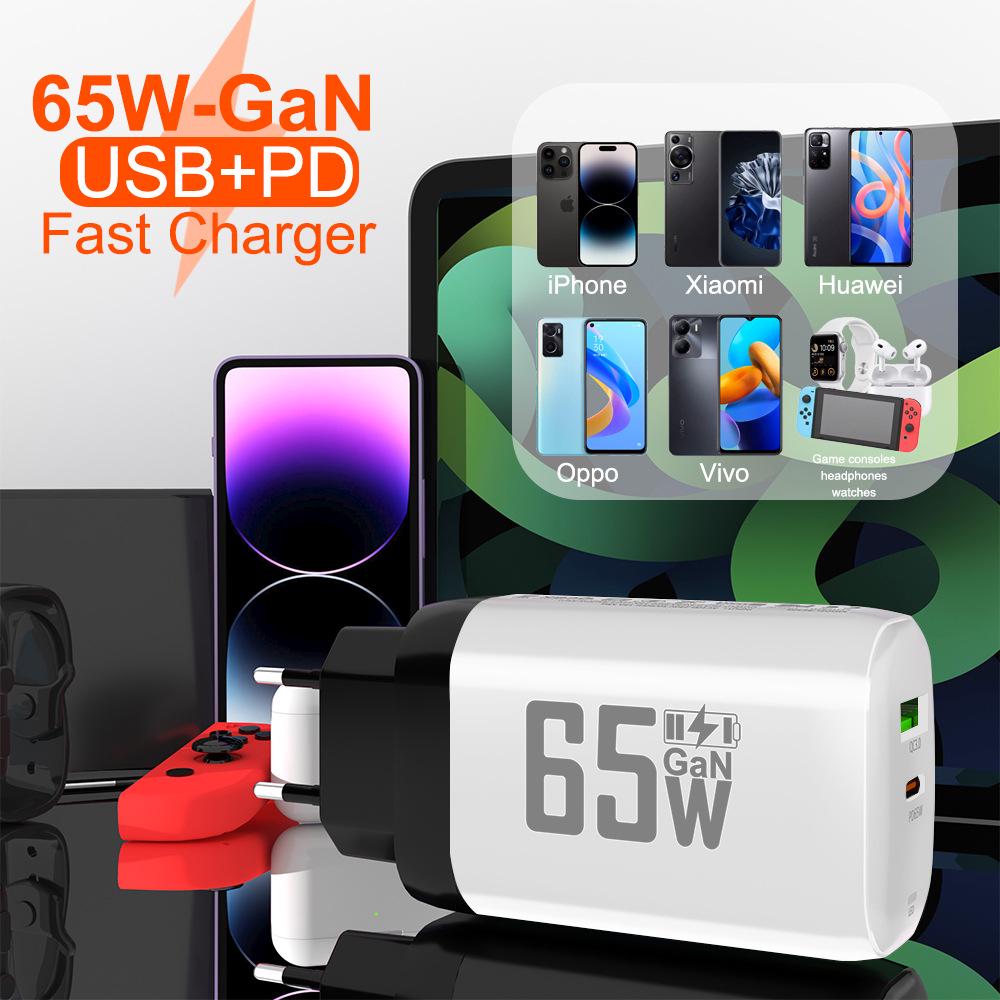 65W GaN Fast Charger: QC 3.0 & PD with 9V/12V for EU/US, Ideal for Laptops & USB Devices