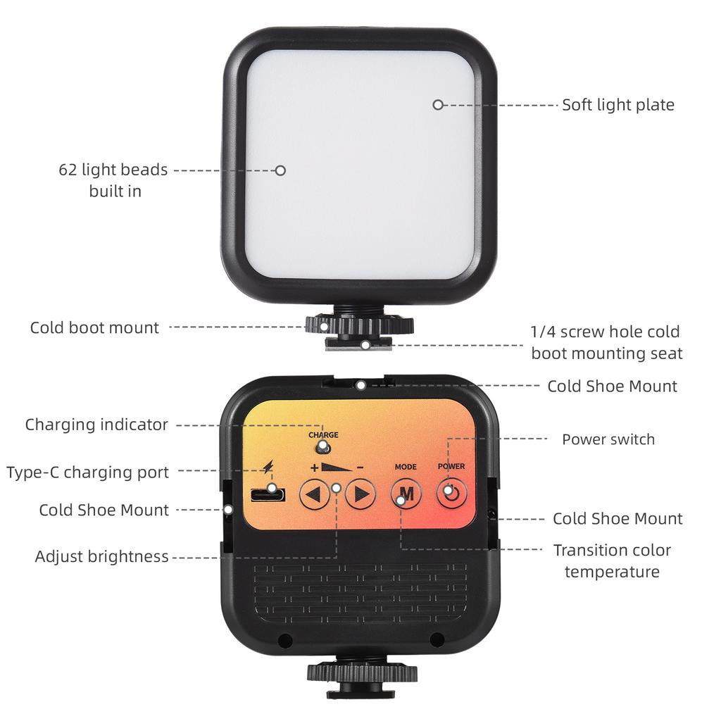 5W Pocket Led Light Mini Video Lamp Bi-color Photography Light with 3 Cold Shoe Mounts & 1/4in