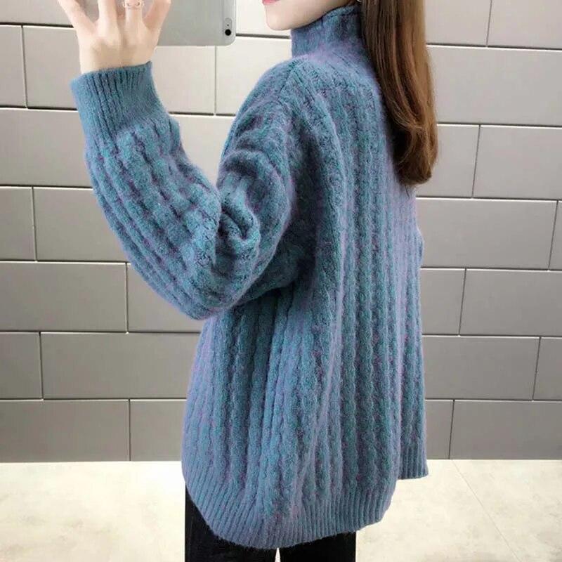 Женский свитер с высоким воротником, утепленный теплый осенне-зимний свободный пуловер, женский джемпер большого размера в фиолетовую вязаную полоску