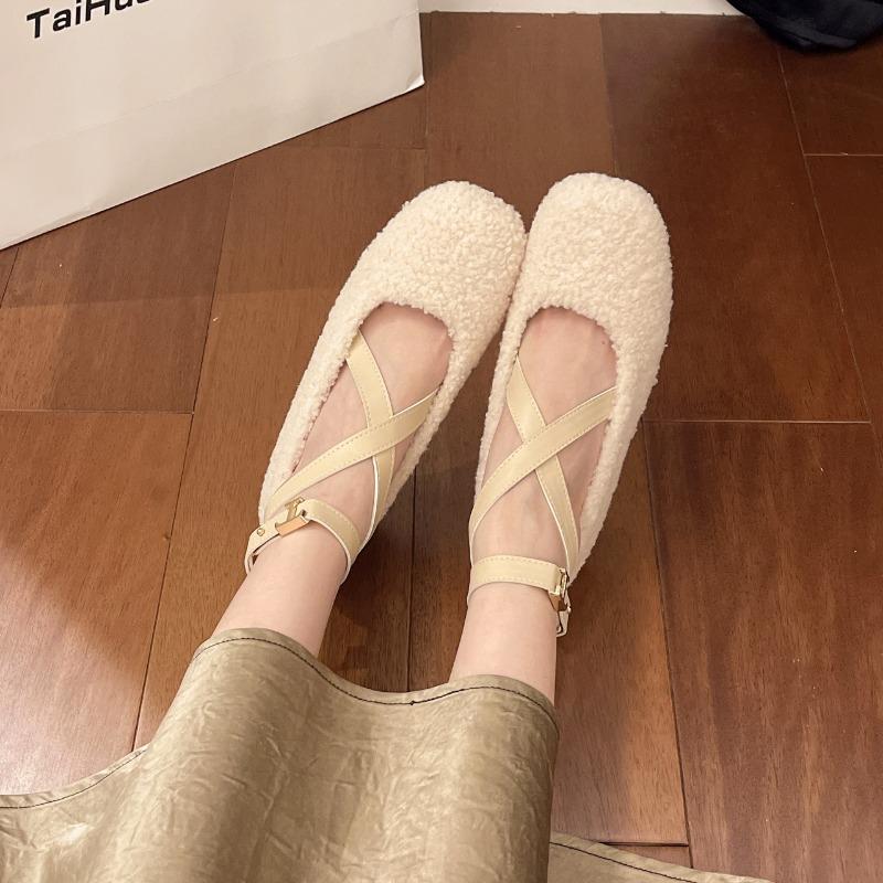 Fashion 2024 Winter Women's Flat Heel Round Toe Ballet Short Plush Single Shoe