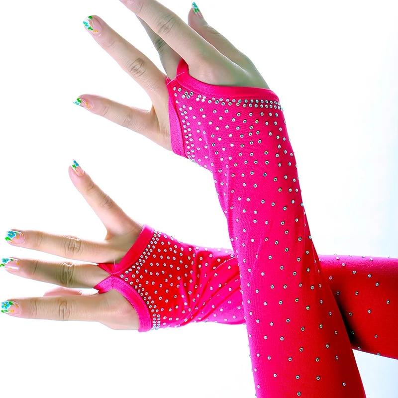 Sexy Lace Gloves Latin Stage Dance Stage Performance Arm Sleeves Female Mesh Flash Drilling Rhinestone Half Finger Gloves S155