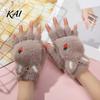 Practical Gift for Winter Furry Cat Paw Thermal Gloves, Flip Top Mitten with Button Women, Half Finger Writing Gloves Students Plush Cute Bear