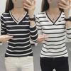 Women's 2025 Korean Striped V-Neck Short-Sleeve Pullover Top
