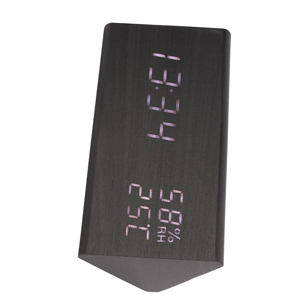 Digital Alarm Clock Regulable Brightness Temperature Humidity Display Black Wood White Light LED Des