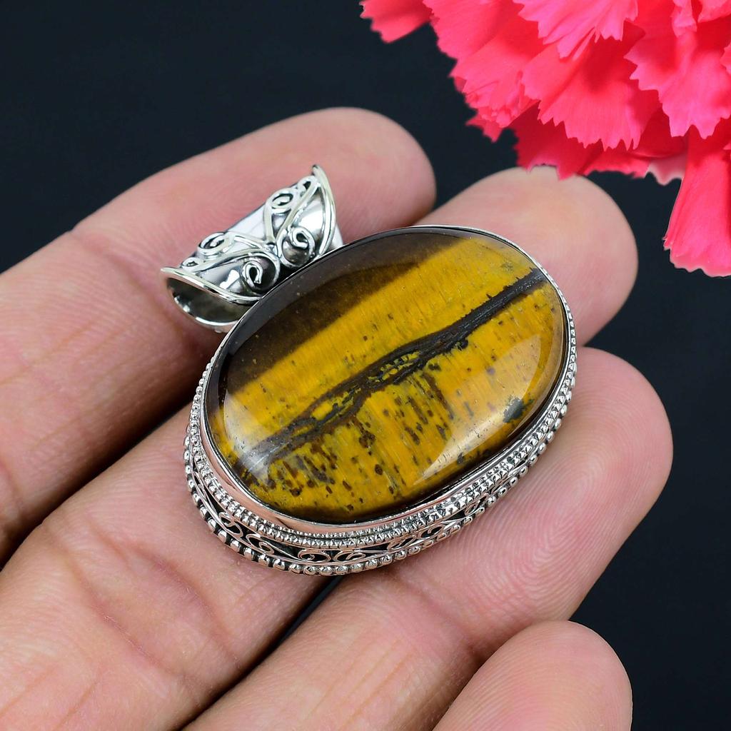 Tiger Eye Gemstone Pendant Solid 925 Sterling Silver Pendant Jewelry Gift For Unisex