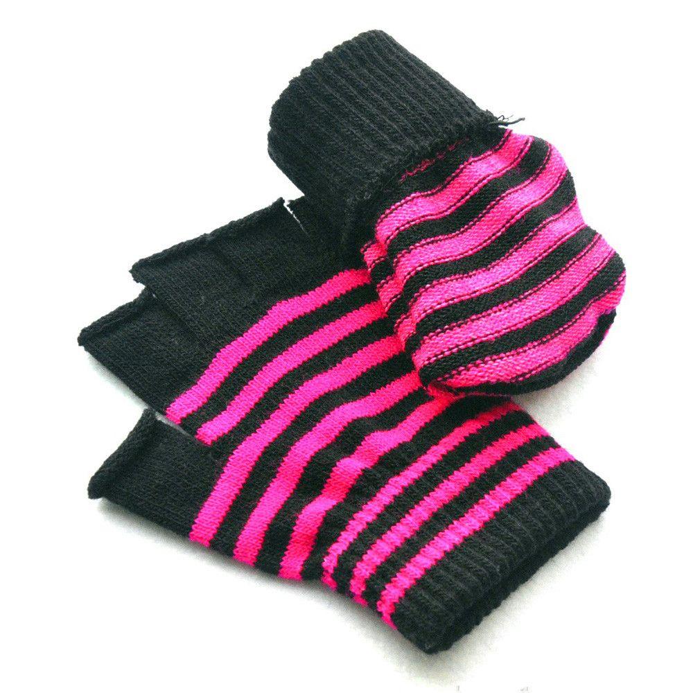 Unisex Warm Winter Fingerless Elastic Knitted Gloves Striped Knit Mittens Thicken
