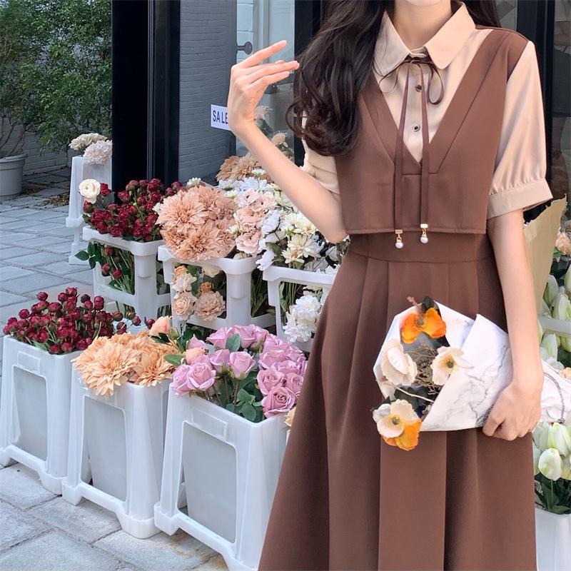 Женское ретро платье пэчворк мини на лето: Стиль колледжа, Короткий рукав, Большой размер, Свободный крой, Стройнящий эффект двух предметов