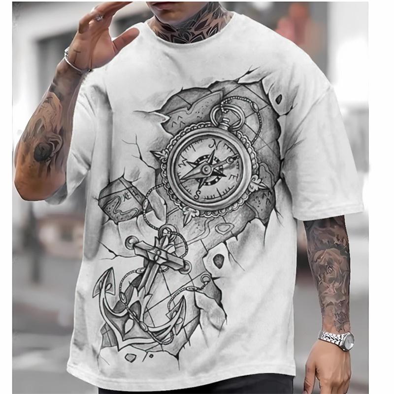 Vintage Compass Pattern Men's T-shirts Retro Map 3D Printed T-Shirts Summer Casual Oversized Short Sleeve Tees Round Neck Tops