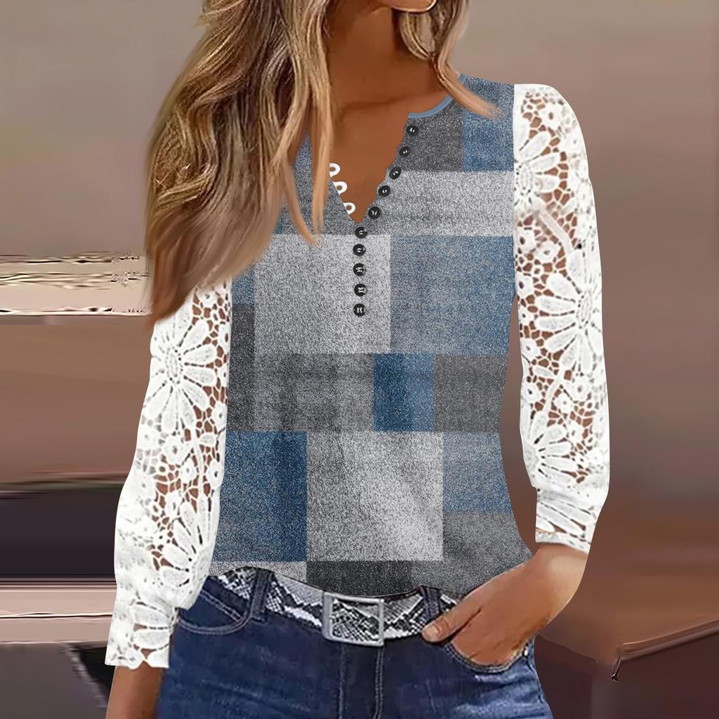 Women's T Shirt Tee Print Button Lace Long-sleeved  Daily Weekend Fashion Basic V- Neck Regular Top
