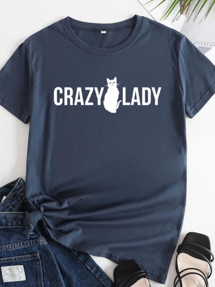 Crazy Lady Cat Print Женская футболка с коротким рукавом и круглым вырезом Свободная женская футболка Женская футболка Топы Camisetas Mujer