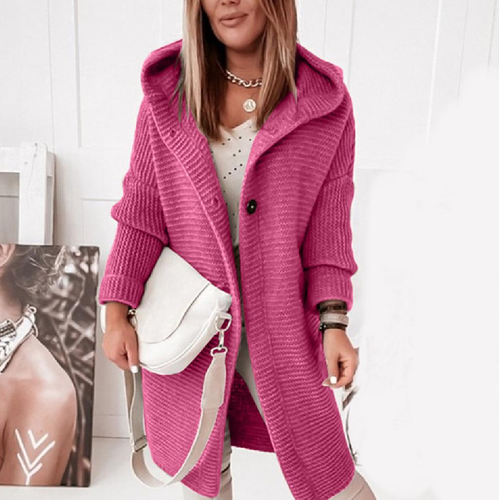 Women's Hooded Knitted Cardigan Solid Color Long Sweater Coat Thickened Winter Warm