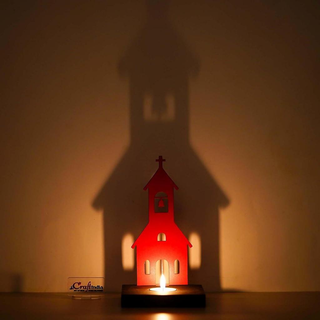 Merry Christmas Charming Church Decorative Tea Light Candle Holder (Wooden Red)| Christmas Decoration Items for Home Living Room Office