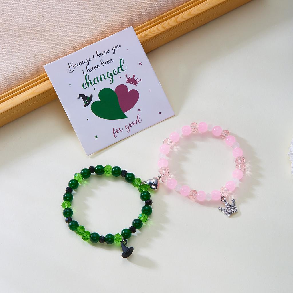 2pcs Magic Stick Hat Crown Matching Bracelets for Women Sweet Pink Green Bead Handmade Stretch Bracelet BFF Jewelry Gifts