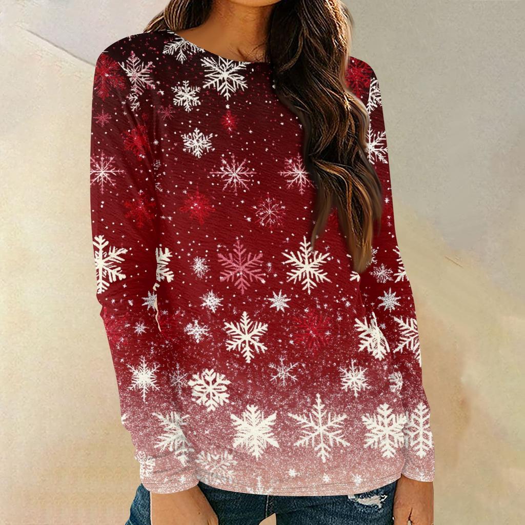 Женская мода круглый вырез пуловер с глубокими рукавами футболка с рождественским принтом топ