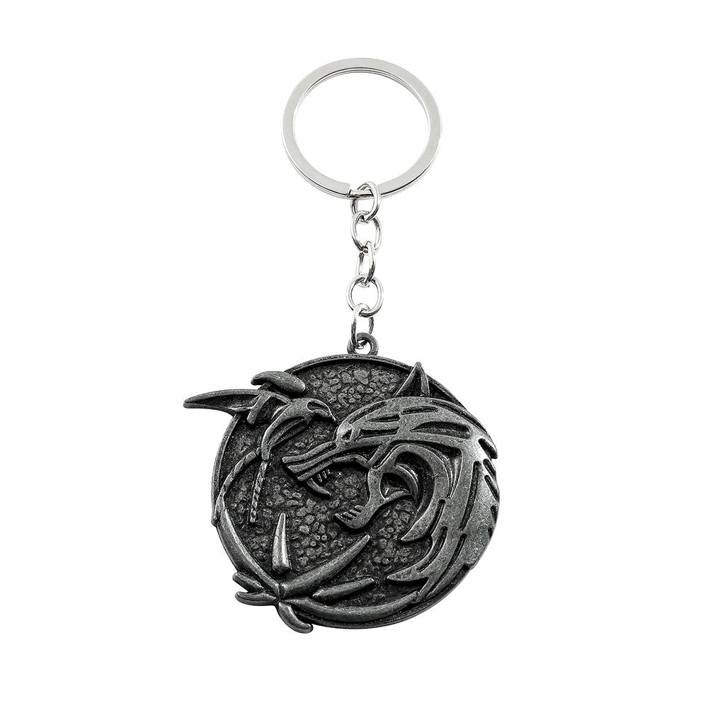 Vintage Wolf Head Keychain Game Geralt Of Rivia Medallion Wolf Metal Pendant Keyring For Men Car Accessories Gifts