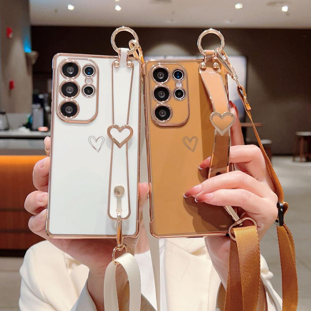 Гальваническое покрытие Любовь Подходит для чехла для мобильного телефона Samsung S25 Ultra S24FE Ремешок на запястье Подставка Шнурок A56 Защитный чехол