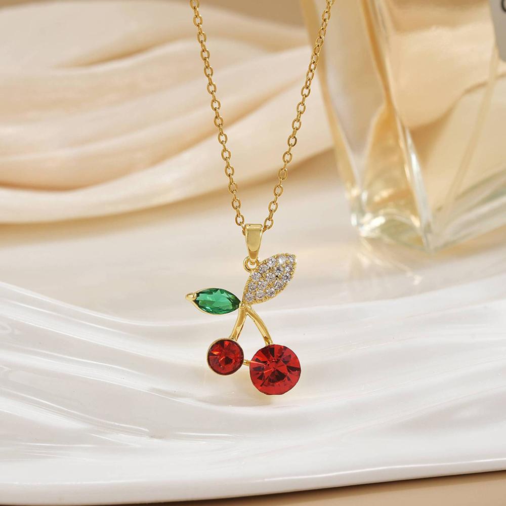 Colorful Zircon Cherry Pendant Necklaces For Women And Girls Stainless Steel Fashion Romantic Jewelry Accessories Gifts