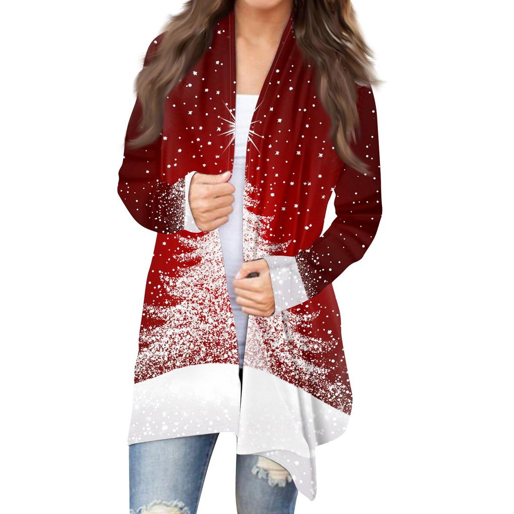 Women's Fashion Christmas Print Jacket Long Sleeve Casual Cardigan Coat