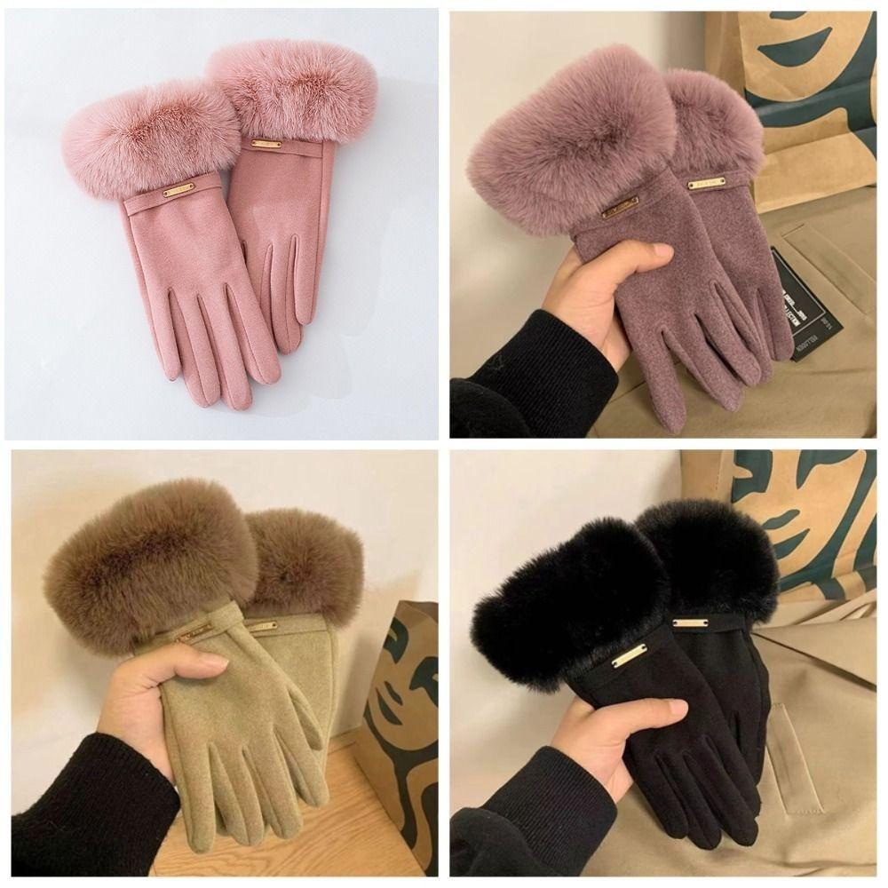 Solid Color Gloves Warm Full Finger Mittens Fashion Women Furry Gloves Female