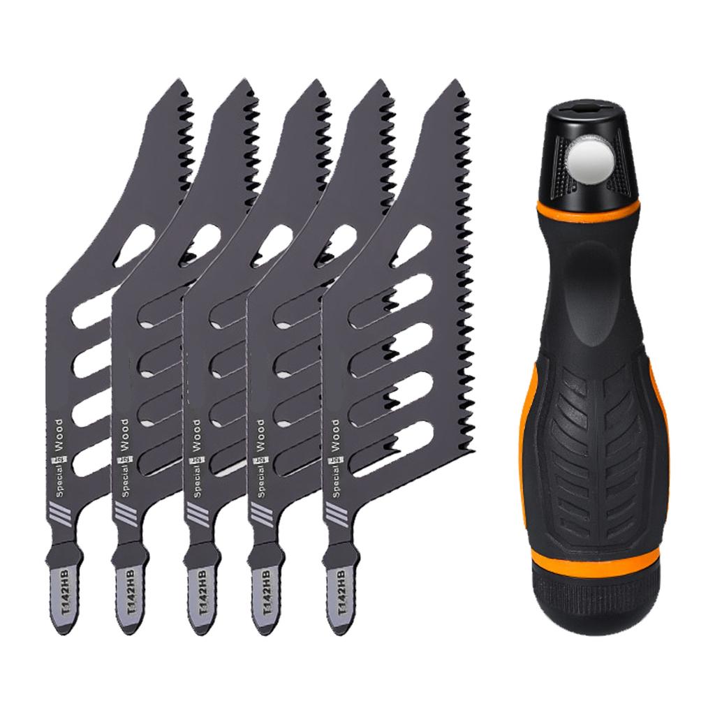 5 Pcs Flush Cutting Jigsaw Blade High Carbon Steel Irregular Curve Saw Blades with Handle for Softwood Fiberboard
