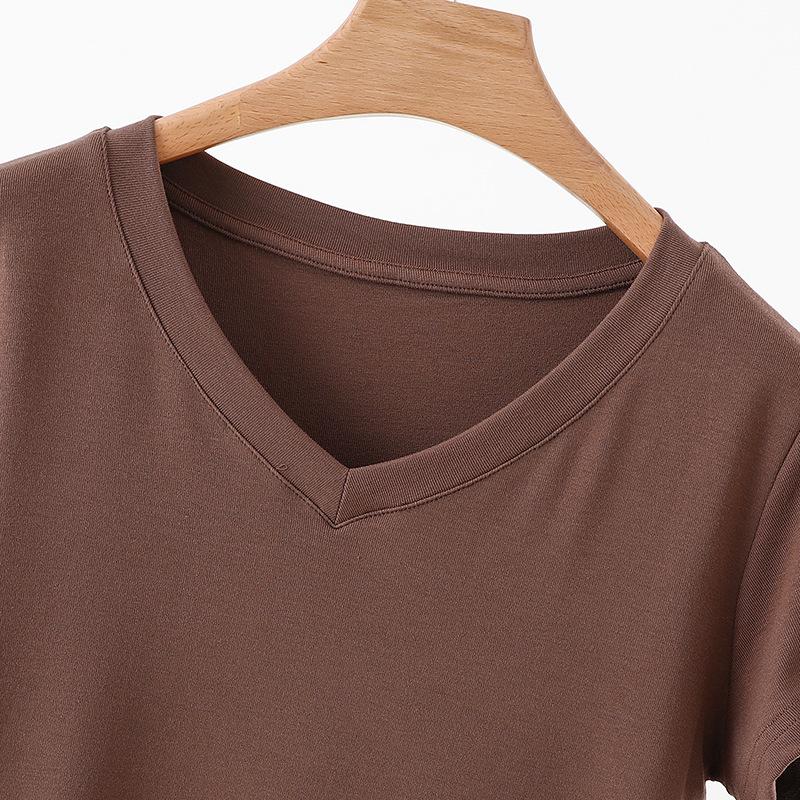 Женская летняя приталенная однотонная футболка с V-образным вырезом и коротким рукавом - Повседневная, универсальная и стильная