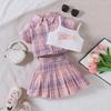 2-8Y Children's Children's Tops Girls Spring and Summer New Suit Shirt Short-sleeved Top + Suspenders + College Style Skirt 3pcs