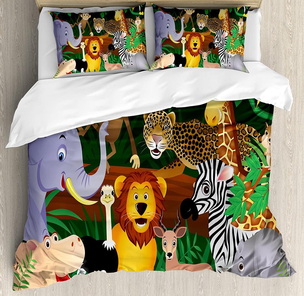 Nursery Bedding Set Comforter Duvet Cover Pillow Shams Funny Playful Jungle Animals Wildlife Mammal Bedding Cover Double Bed Set
