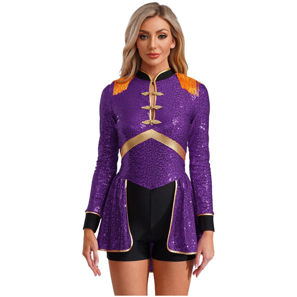 Women Circus Magician Cosplay Bodysuit Long Sleeve Sequins Fringe Epaulet Ringmaster Drummer Halloween Costume