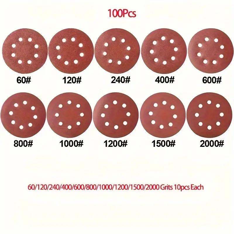 100Pcs 5-inch 8-hole sandpaper sheet, 60 120 240 400 600 800 1000 1200 1500 2000 sandpaper, round sandpaper machine sandpaper