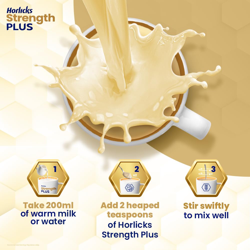 Horlicks Strength Plus Ванильный порошок 350 г Высокопротеиновый Высококлетчаточный Сбалансированное питание для взрослых