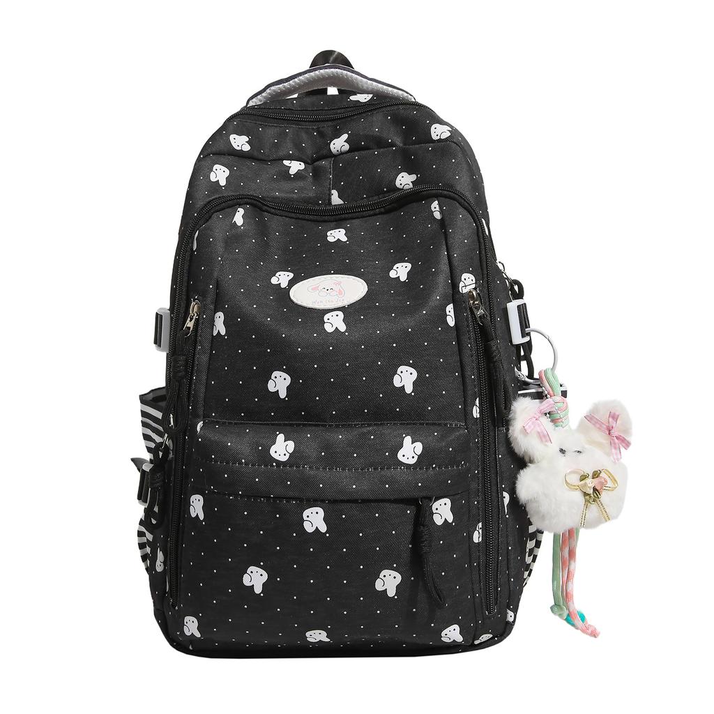 Japanese Teen Students Schoolbags Cute Dot Bunny Print Nylon Backpack Girly Kawaii Rucksack Large Light Travel Casual Daypack